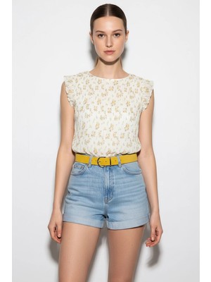 Efnaz Style Kadın Çiçek Desenli Fırfır Detaylı Astarlı Pliseli Şifon Sarı Bluz