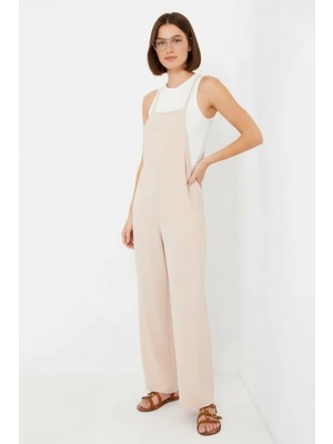 Efnaz Style Kadın Askılı Cep Detaylı Krem Tulum