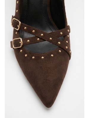 Efnaz Style Kadın Troklu Çapraz Bant Detaylı Sivri Burun Topuklu Slingback Ayakkabı Acı Kahve