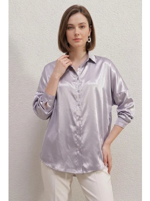 Efnaz Style Kadın Oversize Kesim Saten Lila Gömlek
