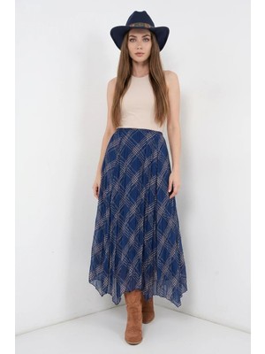 Efnaz Style Kadın Asimetrik Kesim Çizgili Desen Şifon Lacivert Etek