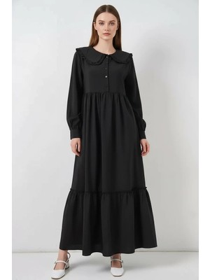 Efnaz Style Kadın Bebe Yaka Viskon Siyah Tesettür Elbise
