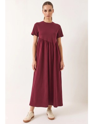 Efnaz Style Kadın Büzgülü Uzun Bordo Elbise