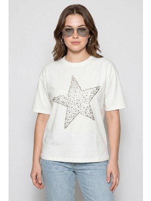 Efnaz Style Kadın Taş Işlemeli Yıldız Detaylı Pamuklu Oversize T Shirt Beyaz