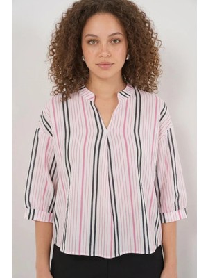 Efnaz Style Kadın V Yaka Oversize Çizgili Viskon Pembe Bluz