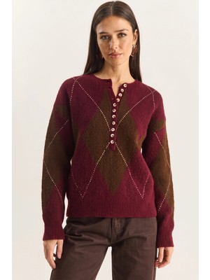 Efnaz Style Kadın Düğmeli Baklava Desenli Basic Triko Bordo Kahverengi Kazak
