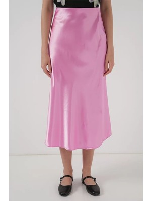 Efnaz Style Kadın Çiçek Desenli Saten Pembe Etek