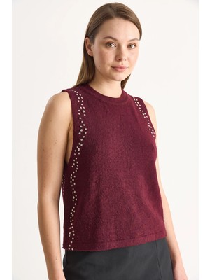 Efnaz Style Kadın Taş Işlemeli Triko Bordo Bluz