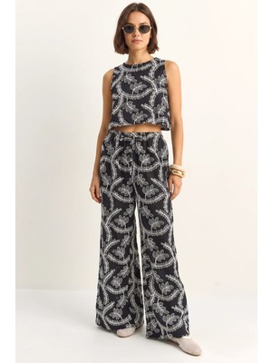 Efnaz Style Kadın Nakış Işlemeli Lastikli Balon Crop Bluz Geniş Paça Siyah Takım