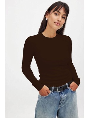 CHEISU Kadın Kahverengi Uzun Kollu Bisiklet Yaka T-Shirt Bluz Kaşkorse Fitilli