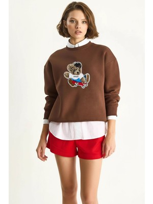 Efnaz Style Kadın Nakış Işlemeli Bisiklet Yaka Salaş Kahverengi Sweatshirt