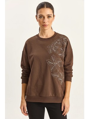 Efnaz Style Kadın Bisiklet Yaka Çiçek Boncuk Işlemeli Relaxed Kahverengi Sweatshirt