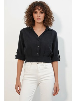 Efnaz Style Kadın Kısa Kol Oversize Siyah Gömlek