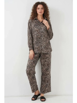 Efnaz Style Kadın Leopar Desenli Viskon Kahverengi Takım