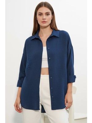 Efnaz Style Kadın Oversize Kesim Keten Lacivert Gömlek