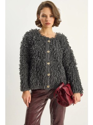Efnaz Style Kadın Oversize Saçaklı Triko Antrasit Hırka
