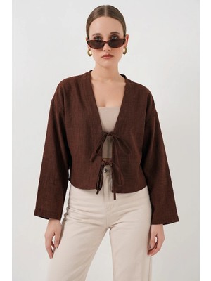 Efnaz Style Kadın V Yaka Önden Bağlamalı Önü Keten Kahverengi Kimono