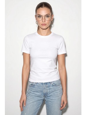 Efnaz Style Kadın Kısa Kollu Bisiklet Yaka T Shirt Beyaz