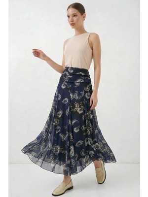 Efnaz Style Kadın Belden Büzgülü Desenli Şifon Lacivert Etek