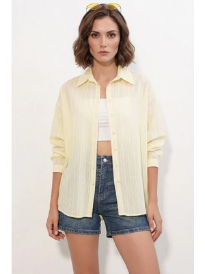 Efnaz Style Kadın Oversize Çizgili Sarı Gömlek