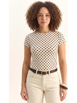 Efnaz Style Kadın Bisiklet Yaka Puantiyeli Kısa Kollu Crop T Shirt Bej Kahverengi