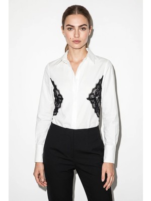 Efnaz Style Kadın Belden Dantel Detaylı Arkası Bağlamalı Beyaz Gömlek