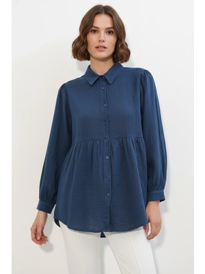 Efnaz Style Kadın Beli Büzgülü Fermuar Detaylı Kol Oversize Keten Lacivert Gömlek