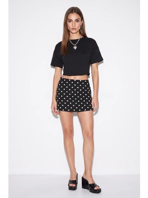 Efnaz Style Kadın Bisiklet Yaka Korsaj Dikiş Detaylı Crop Siyah Bluz