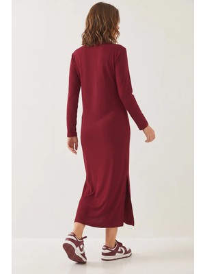 Efnaz Style Kadın Modal Kumaş Uzun Bordo Elbise