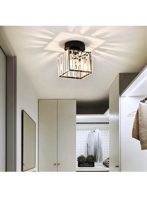 St. Morritz Modern Luxury Plafonyer Tavan Kristal Taşlı Avize Kare Hol Antre Avize Siyah