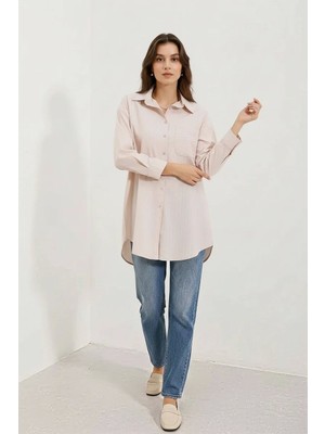 Efnaz Style Kadın Oversize Çizgili Pamuklu Bej Gömlek