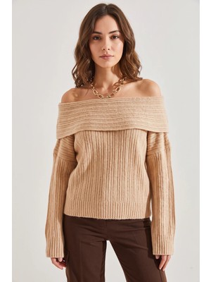 Efnaz Style Kadın Degaje Yaka Camel Kazak