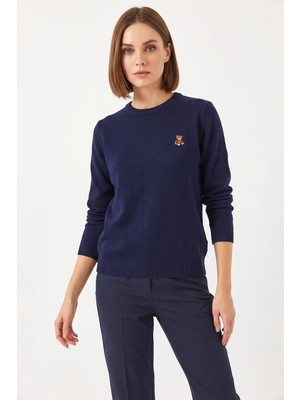 Efnaz Style Kadın Teddy Nakışlı Basic Lacivert Kazak