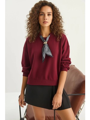 Efnaz Style Kadın Fular Detaylı Pamuklu Bordo Sweatshirt