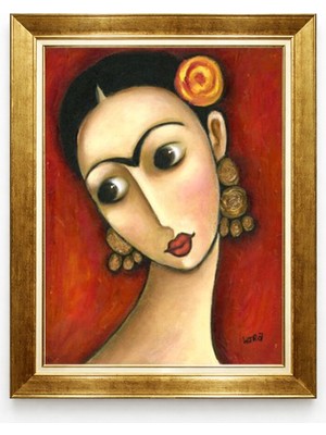 Tablore Frida Kahlo Tarzı Çiçekli Modern Kadın Portresi Gold Çerçeveli Kanvas Tablo