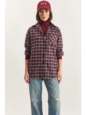 Efnaz Style Kadın Tek Cep Detaylı Oversize Ekose Kırmızı Beyaz Gömlek