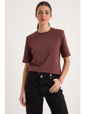 Efnaz Style Kadın Bisiklet Yaka Vatkalı Pamuklu T Shirt Koyu Kızıl Kahve