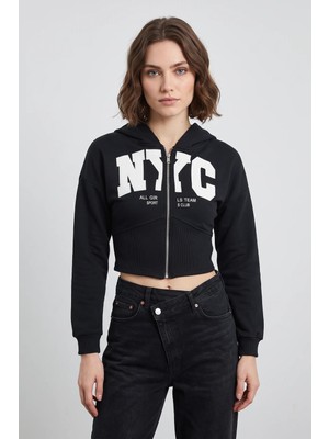 Efnaz Style Kadın Nakışlı Üç Iplik Şardonlu Kapüşonlu Crop Siyah Hırka