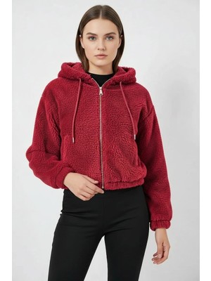 Efnaz Style Kadın Kapüşonlu Crop Peluş Bordo Ceket