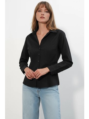 Efnaz Style Kadın Klasik Yaka Basic Siyah Gömlek