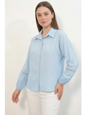 Efnaz Style Kadın Oversize Desenli Mavi Gömlek