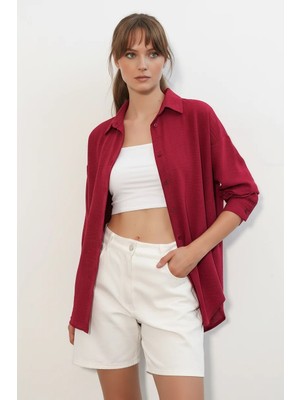Efnaz Style Kadın Oversize Kesim Keten Bordo Gömlek