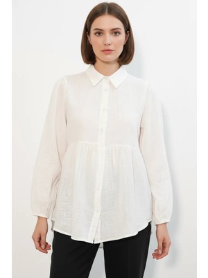 Efnaz Style Kadın Beli Büzgülü Kabartmalı Oversize Keten Beyaz Gömlek