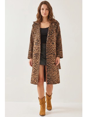 Efnaz Style Kadın Leopar Desenli Trençkot Siyah Camel