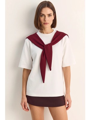 Efnaz Style Kadın Şal Detaylı Oversize Basic Beyaz Bordo Tişört