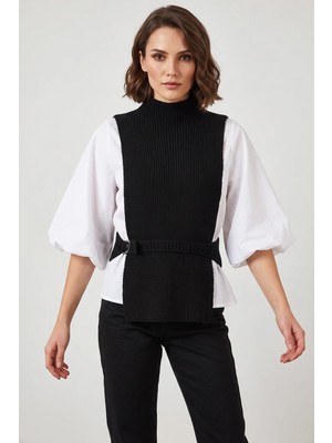 Efnaz Style Kadın Yandan Bağlamalı Beyaz Siyah Gömlek