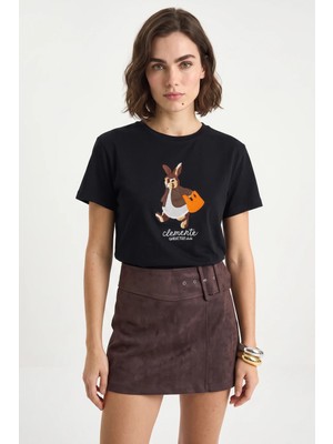 Efnaz Style Kadın Rabbit Nakışlı Işlemeli Bisiklet Yaka Basic T Shirt Siyah