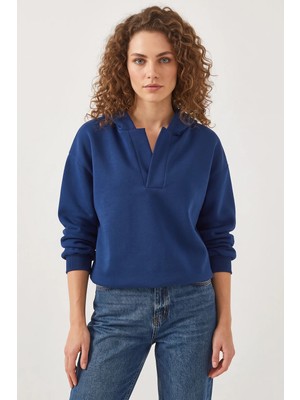 Efnaz Style Kadın Kapüşonlu V Yaka Lacivert Sweatshirt