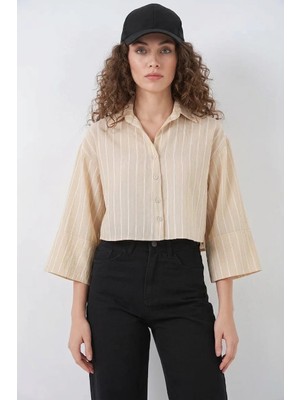 Efnaz Style Kadın Oversize Çizgili Viskon Bej Gömlek