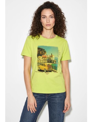 Efnaz Style Kadın Italy Temalı Baskılı Premium Tasarım Pamuklu T Shirt Fıstık Yeşili
